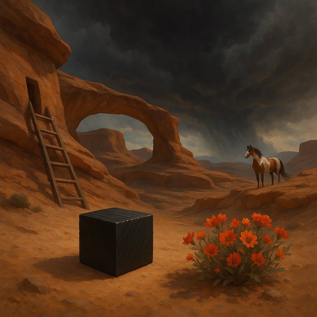 Desert, Cube, and a Painted Horse